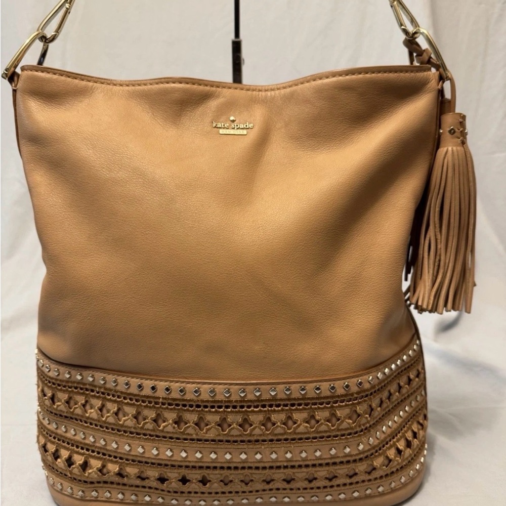 Kate Spade Cobie Studded Tan Leather Hobo Bag Tassel Boho Shoulder Purse VGUC
